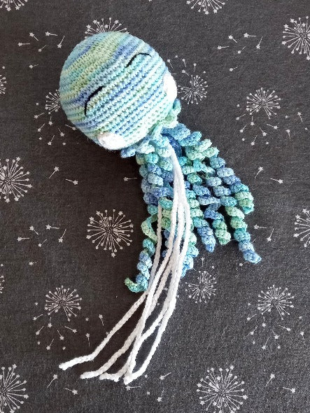 blue crocheted jellyfish for baby - learning tool for hands 100% cotton yarn