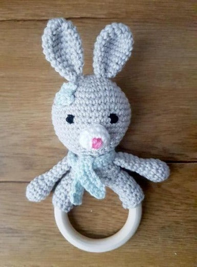 blue and grey bunny ring rattle with embroidered eyes for baby's safety