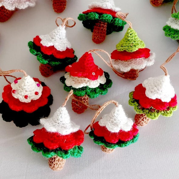 red, green and white crocheted christmas tree decorations - NZ made