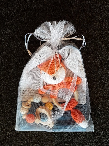 fox deluxe gift set with fox ring rattle, hedgehog teether and dribble cloth