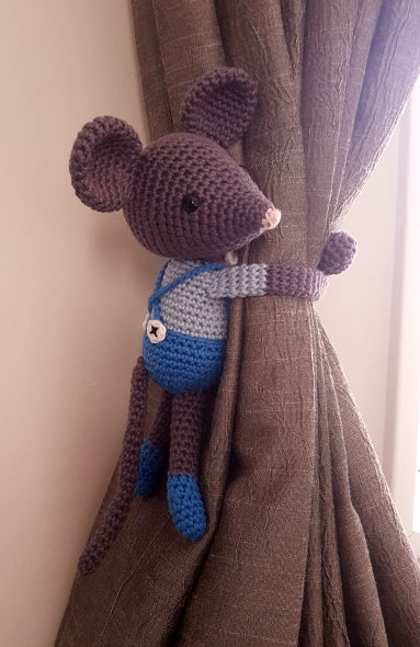 crochet mouse tie back - boy in blue with bowtie