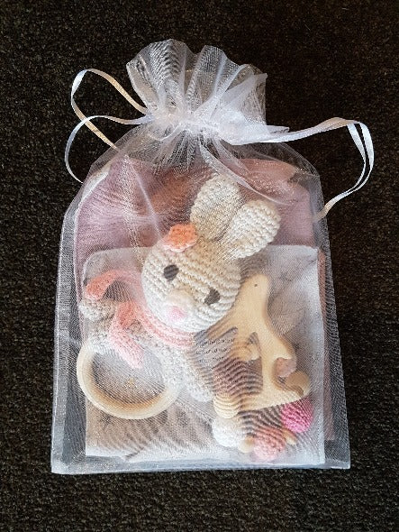 bunny deluxe gift set with bunny ring rattle, bunny teether and dribble cloth
